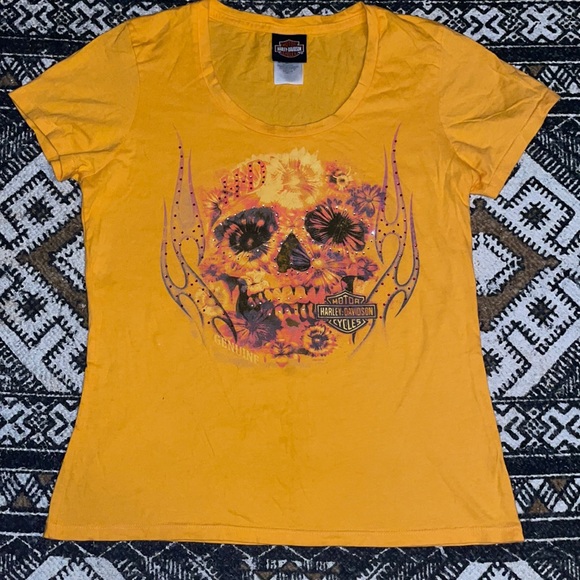 Harley Davidson jeweled floral skull T-shirt L